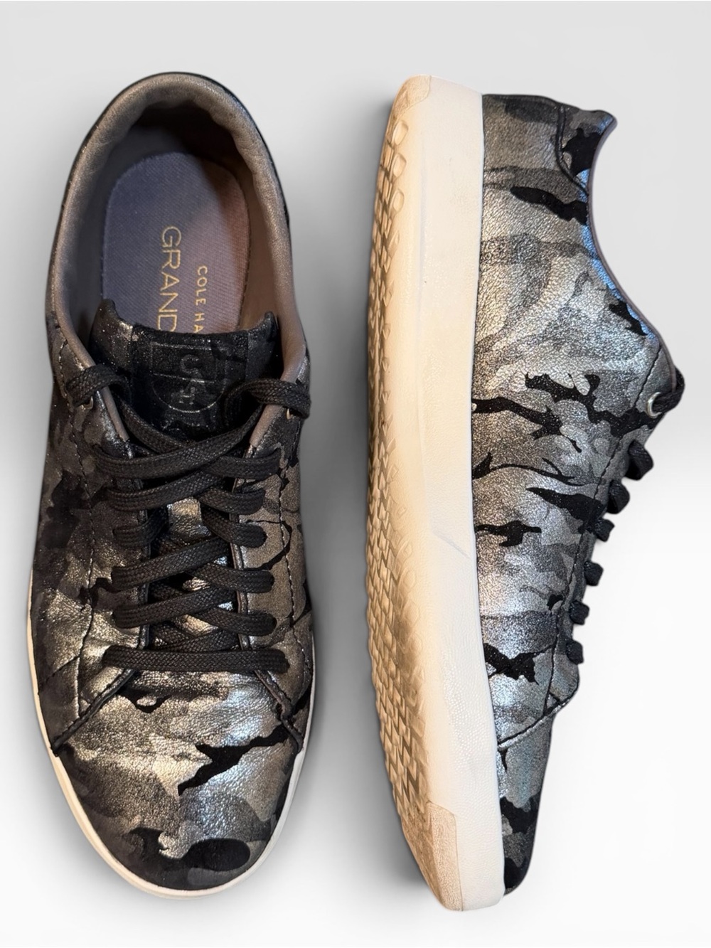 Cole Haan GrandPrø Metallic Camo Leather Sneakers 8.5 Silver Gray